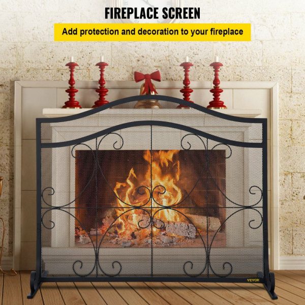 Fireplace Screen, 38 x 26.5 Inch,Heavy Duty Iron Freestanding Spark Guard with Support, Metal Mesh Craft, Broom Tong Shovel Poker Included for Fireplace Decoration & Protection, Black  |   Fireplace Screen Building & Construction Building Supplies