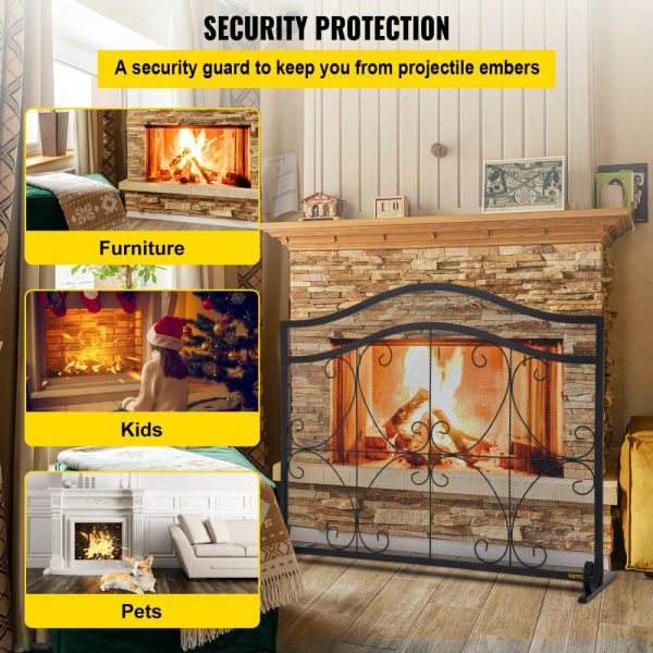 Fireplace Screen, 38 x 26.5 Inch,Heavy Duty Iron Freestanding Spark Guard with Support, Metal Mesh Craft, Broom Tong Shovel Poker Included for Fireplace Decoration & Protection, Black  |   Fireplace Screen Building & Construction Building Supplies