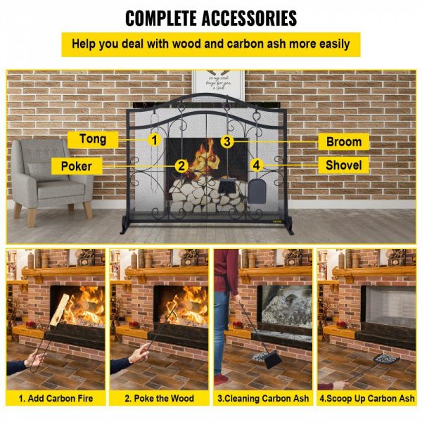 Fireplace Screen, 38 x 26.5 Inch,Heavy Duty Iron Freestanding Spark Guard with Support, Metal Mesh Craft, Broom Tong Shovel Poker Included for Fireplace Decoration & Protection, Black  |   Fireplace Screen Building & Construction Building Supplies