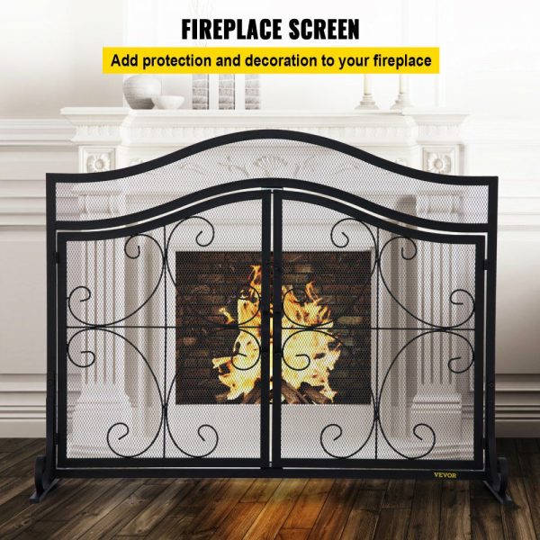 Fireplace Screen, 39 x 26.6 Inch, Double Door Iron Freestanding Spark Guard with Support, Metal Mesh Craft, Broom Tong Shovel Poker Included for Fireplace Decoration & Protection, Black  |   Fireplace Screen Building & Construction Building Supplies