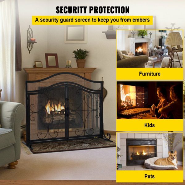 Fireplace Screen, 39 x 26.6 Inch, Double Door Iron Freestanding Spark Guard with Support, Metal Mesh Craft, Broom Tong Shovel Poker Included for Fireplace Decoration & Protection, Black  |   Fireplace Screen Building & Construction Building Supplies