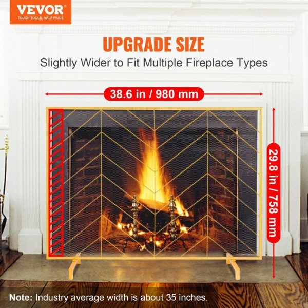 Fireplace Screen Single Panel, Sturdy Iron Mesh Fireplace Screen, 38.6″(L) x29.8″(H) Spark Guard Cover, Simple Installation, Free Standing Fire Fence Grate for Living Room Home Decor Modern Golden |   Fireplace Screen Building & Construction Building Supplies