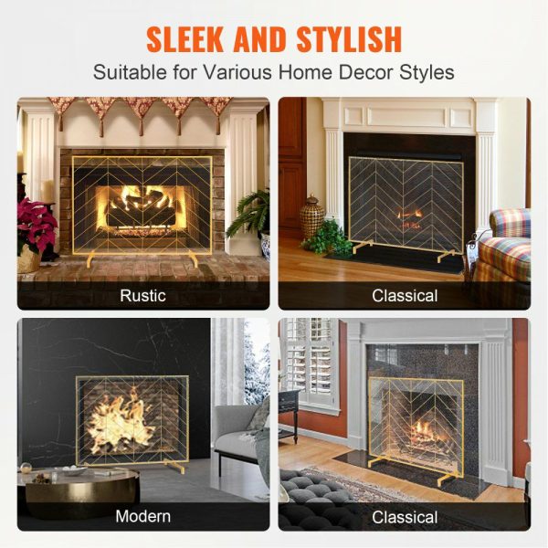 Fireplace Screen Single Panel, Sturdy Iron Mesh Fireplace Screen, 38.6″(L) x29.8″(H) Spark Guard Cover, Simple Installation, Free Standing Fire Fence Grate for Living Room Home Decor Modern Golden |   Fireplace Screen Building & Construction Building Supplies