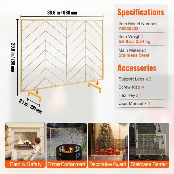 Fireplace Screen Single Panel, Sturdy Iron Mesh Fireplace Screen, 38.6″(L) x29.8″(H) Spark Guard Cover, Simple Installation, Free Standing Fire Fence Grate for Living Room Home Decor Modern Golden |   Fireplace Screen Building & Construction Building Supplies