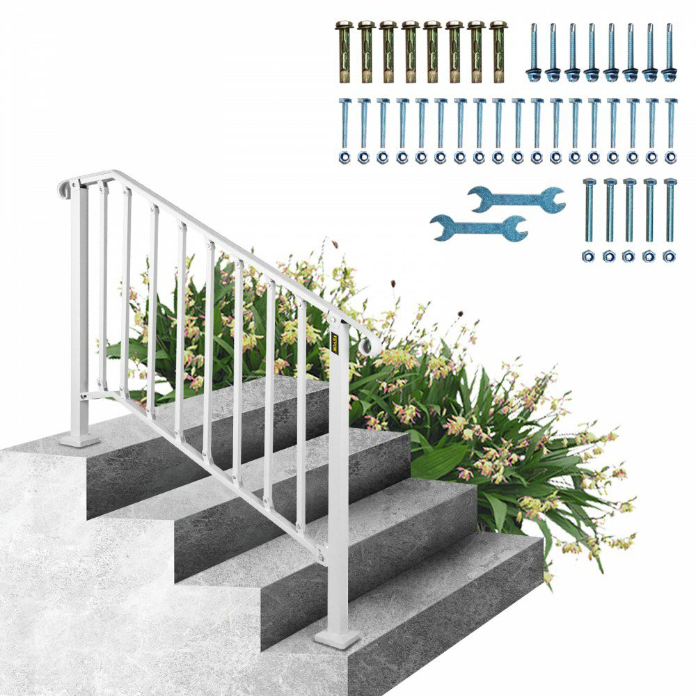 Fit 3 or 4 Steps Outdoor Stair Railing, Handrails for Outdoor Steps, Picket#3 Wrought Iron Handrail, Flexible Porch Railing, White Transitional Handrails for Concrete Steps or Wooden Stairs  |   Building Supplies Building & Construction Building Supplies