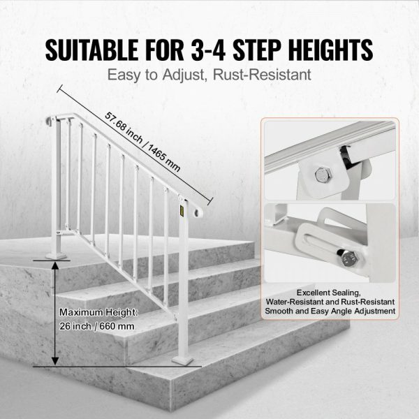 Fit 3 or 4 Steps Outdoor Stair Railing, Handrails for Outdoor Steps, Picket#3 Wrought Iron Handrail, Flexible Porch Railing, White Transitional Handrails for Concrete Steps or Wooden Stairs  |   Building Supplies Building & Construction Building Supplies