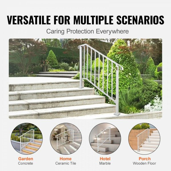 Fit 3 or 4 Steps Outdoor Stair Railing, Handrails for Outdoor Steps, Picket#3 Wrought Iron Handrail, Flexible Porch Railing, White Transitional Handrails for Concrete Steps or Wooden Stairs  |   Building Supplies Building & Construction Building Supplies