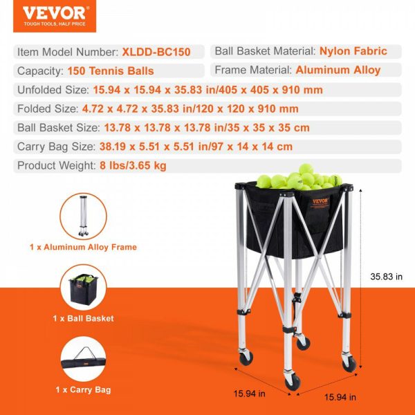 Foldable Tennis Ball Hopper, Holds 150 Tennis Balls, Lightweight Aluminum Alloy Tennis Ball Basket Cart with Wheels, Removable Bag, Carry Bag, Portable Sports Teaching Cart for Tennis Player  |   Carts & Trucks Carts & Trucks Carts & Trucks