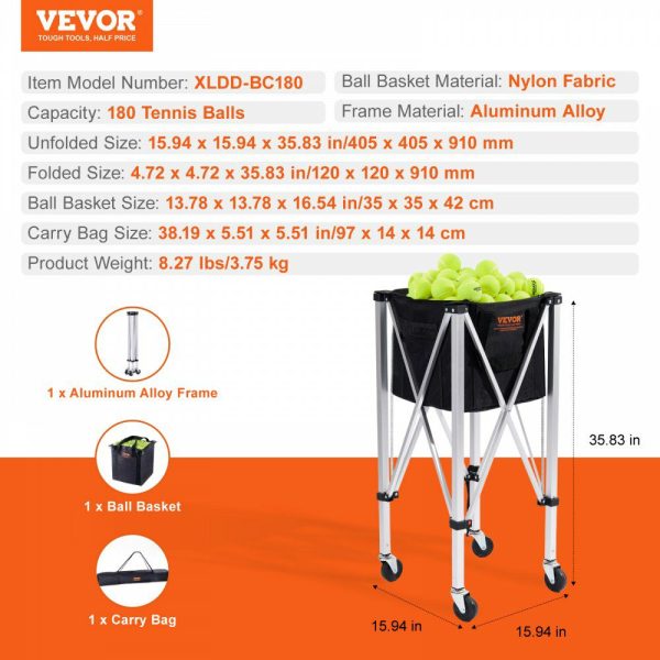 Foldable Tennis Ball Hopper, Holds 180 Tennis Balls, Lightweight Aluminum Alloy Tennis Ball Basket Cart with Wheels, Removable Bag, Carry Bag, Portable Sports Teaching Cart for Tennis Player  |   Carts & Trucks Carts & Trucks Carts & Trucks