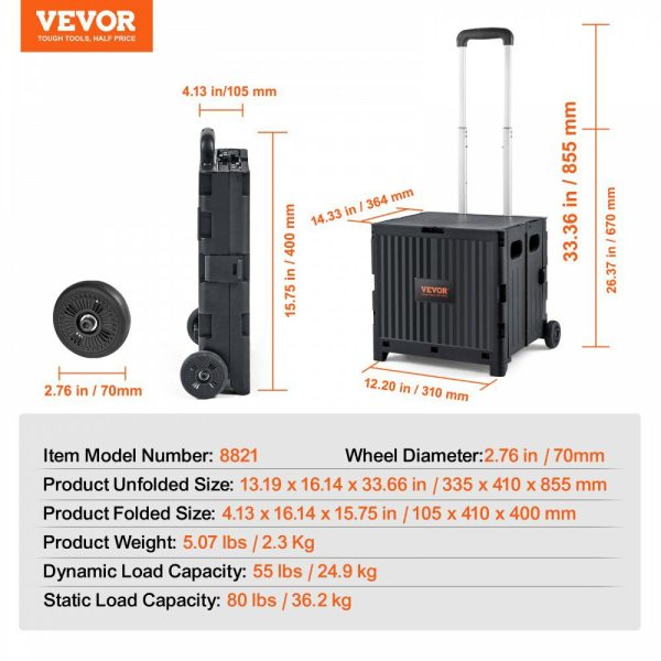 Foldable Utility Cart, 80 lbs Load Capacity, Folding Portable Rolling Crate Handcart with Durable Heavy Duty Telescoping Handle and 2 Wheels for Travel Shopping Moving Luggage Office Use, Black  |   Carts & Trucks Carts & Trucks Carts & Trucks