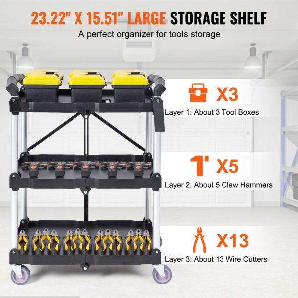 Foldable Utility Service Cart, 3 Shelf 165LBS Heavy Duty Plastic Rolling Cart with Lockable Wheels, Ergonomic Handle, Portable Garage Tool Cart for Warehouse/Office/Home(25.62″x15.43″x32.76″)  |   Carts & Trucks Carts & Trucks Carts & Trucks