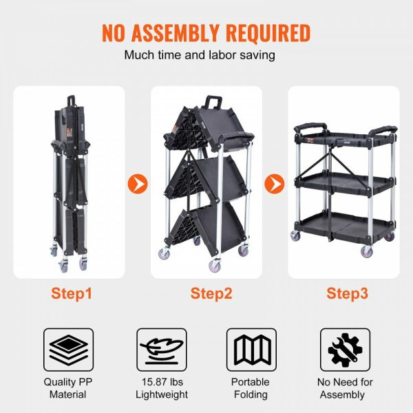 Foldable Utility Service Cart, 3 Shelf 165LBS Heavy Duty Plastic Rolling Cart with Lockable Wheels, Ergonomic Handle, Portable Garage Tool Cart for Warehouse/Office/Home(25.62″x15.43″x32.76″)  |   Carts & Trucks Carts & Trucks Carts & Trucks