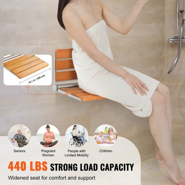 Folding Oak Shower Seat, 16.1″ x 13.4″ Unfolded, Wall Mounted Fold Up Shower Bench with 440 lbs Load Capacity, Space Saving Home Care Fold Down Shower Chair, for Seniors Pregnant Women Children  |   Building Supplies Building & Construction Building Supplies