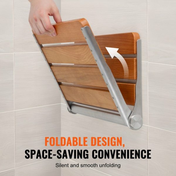 Folding Oak Shower Seat, 16.1″ x 13.4″ Unfolded, Wall Mounted Fold Up Shower Bench with 440 lbs Load Capacity, Space Saving Home Care Fold Down Shower Chair, for Seniors Pregnant Women Children  |   Building Supplies Building & Construction Building Supplies