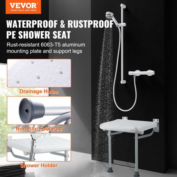 Folding PE Shower Seat, 15.7” x 14.8” Unfolded, Wall Mounted Fold Up Shower Bench with 500 lbs Load Capacity, Space Saving Fold Down Shower Chair for Seniors Pregnant Women Children Adults  |   Building Supplies Building & Construction Building Supplies