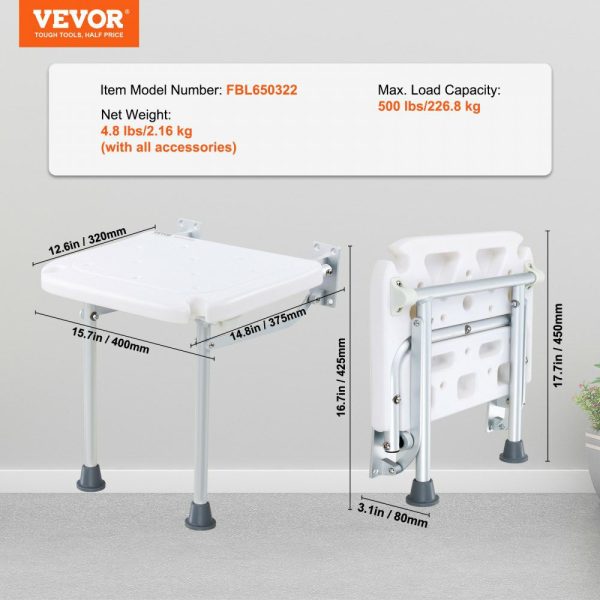 Folding PE Shower Seat, 15.7” x 14.8” Unfolded, Wall Mounted Fold Up Shower Bench with 500 lbs Load Capacity, Space Saving Fold Down Shower Chair for Seniors Pregnant Women Children Adults  |   Building Supplies Building & Construction Building Supplies