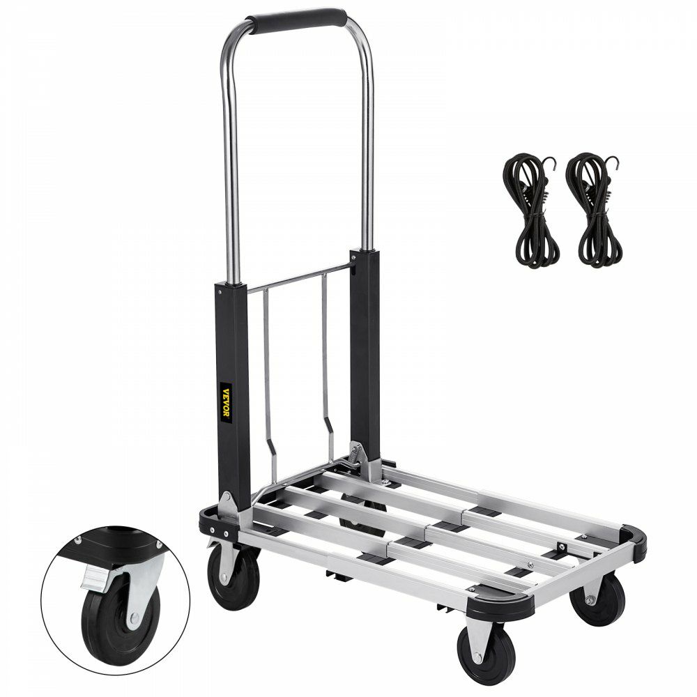 Folding Platform Truck, Portable Platform Cart Adjustable Length, Aluminum Push Cart Telescoping Handle with 4 Wheels 330LBS Capacity for Luggage Travel Shopping  |   Carts & Trucks Carts & Trucks Carts & Trucks