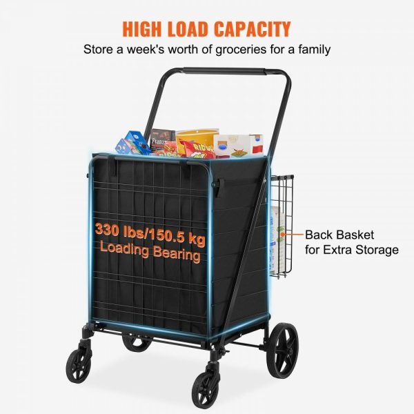 Folding Shopping Cart with Removable Waterproof Liner, 330LBS Large Capacity Jumbo Grocery Cart with Dual Basket, 360° Swivel Wheels, Dense Metal Mesh Base, Heavy Duty Utility Cart for Shopping  |   Carts & Trucks Carts & Trucks Carts & Trucks