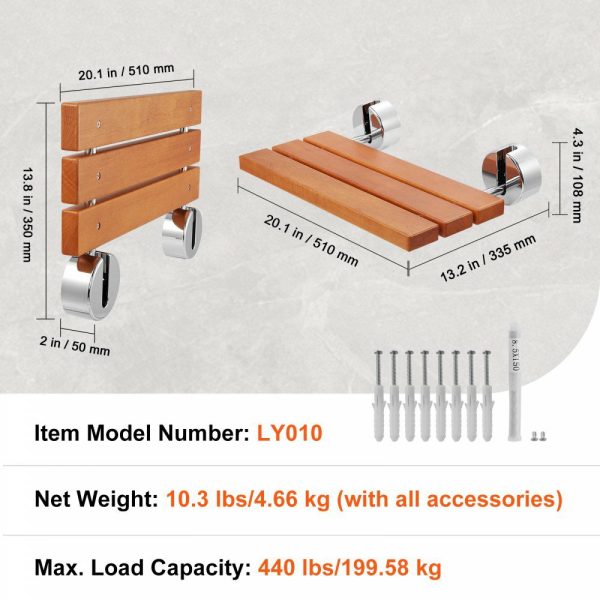 Folding Teak Shower Seat, 20.1″ x 13.2″ Unfolded, Wall Mounted Fold Up Shower Bench with 440 lbs Load Capacity, Space Saving Home Care Fold Down Shower Chair, for Seniors Pregnant Women Children  |   Building Supplies Building & Construction Building Supplies