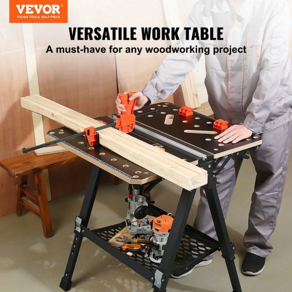 Folding Work Table, 2-in-1 as Sawhorse & Workbench, 1000 lbs Capacity, 7 Adjustable Heights, Steel Legs, Portable Foldable Tool Stand with Wood Clamp, 4 Bench Dogs, 2 Hooks, Easy Garage Storage  |   Workbenches & Accessories Material Handling Workbenches & Accessories