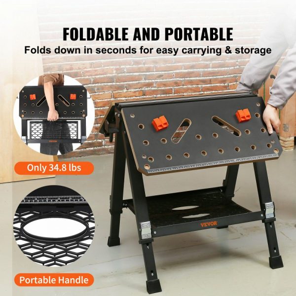 Folding Work Table, 2-in-1 as Sawhorse & Workbench, 1000 lbs Capacity, 7 Adjustable Heights, Steel Legs, Portable Foldable Tool Stand with Wood Clamp, 4 Bench Dogs, 2 Hooks, Easy Garage Storage  |   Workbenches & Accessories Material Handling Workbenches & Accessories