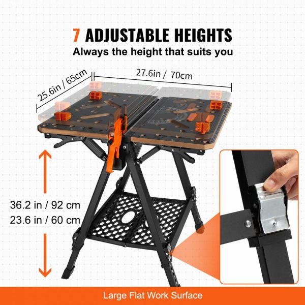 Folding Work Table, 2-in-1 as Sawhorse & Workbench, 1000 lbs Capacity, 7 Adjustable Heights, Steel Legs, Portable Foldable Tool Stand with Wood Clamp, 4 Bench Dogs, 2 Hooks, Easy Garage Storage  |   Workbenches & Accessories Material Handling Workbenches & Accessories