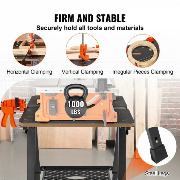 Folding Work Table, 2-in-1 as Sawhorse & Workbench, 1000 lbs Capacity, 7 Adjustable Heights, Steel Legs, Portable Foldable Tool Stand with Wood Clamp, 4 Bench Dogs, 2 Hooks, Easy Garage Storage  |   Workbenches & Accessories Material Handling Workbenches & Accessories