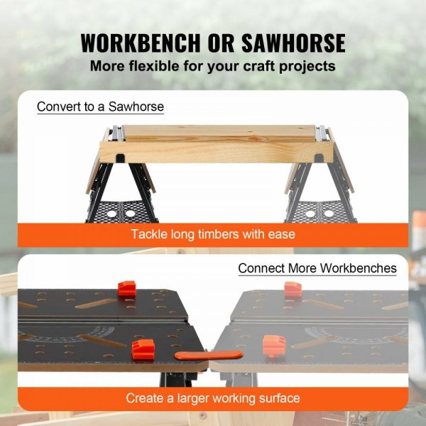 Folding Work Table, 2-in-1 as Sawhorse & Workbench, 1000 lbs Capacity, 7 Adjustable Heights, Steel Legs, Portable Foldable Tool Stand with Wood Clamp, 4 Bench Dogs, 2 Hooks, Easy Garage Storage  |   Workbenches & Accessories Material Handling Workbenches & Accessories