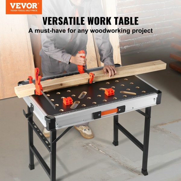 Folding Work Table, 2-in-1 as Sawhorse & Workbench, 1000 lbs Load Capacity, Steel Legs, Portable Foldable Tool Stand with 2 Wood Clamps, 4 Bench Dogs, 3 Tool Boxes, 2 Hooks, Easy Garage Storage  |   Workbenches & Accessories Material Handling Workbenches & Accessories