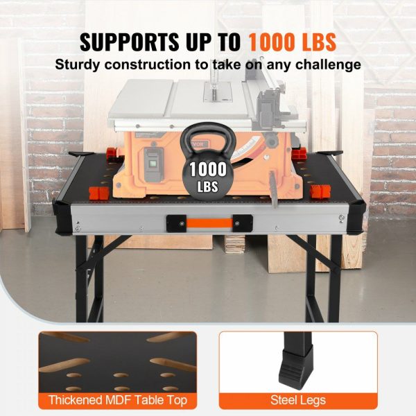 Folding Work Table, 2-in-1 as Sawhorse & Workbench, 1000 lbs Load Capacity, Steel Legs, Portable Foldable Tool Stand with 2 Wood Clamps, 4 Bench Dogs, 3 Tool Boxes, 2 Hooks, Easy Garage Storage  |   Workbenches & Accessories Material Handling Workbenches & Accessories