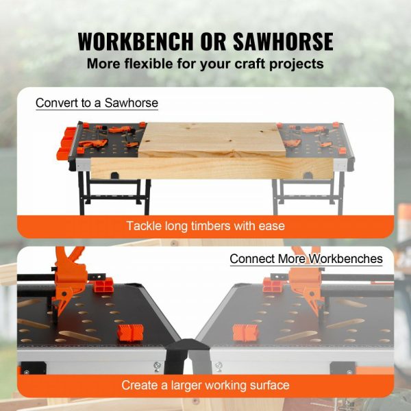 Folding Work Table, 2-in-1 as Sawhorse & Workbench, 1000 lbs Load Capacity, Steel Legs, Portable Foldable Tool Stand with 2 Wood Clamps, 4 Bench Dogs, 3 Tool Boxes, 2 Hooks, Easy Garage Storage  |   Workbenches & Accessories Material Handling Workbenches & Accessories