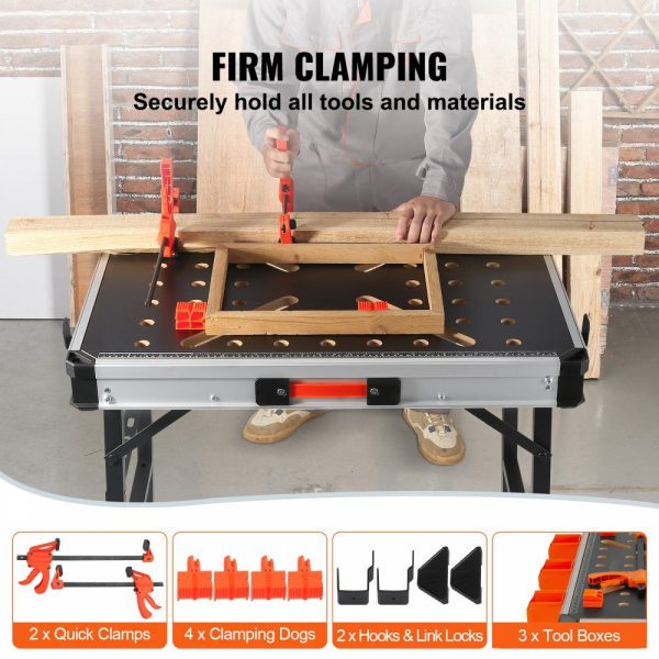 Folding Work Table, 2-in-1 as Sawhorse & Workbench, 1000 lbs Load Capacity, Steel Legs, Portable Foldable Tool Stand with 2 Wood Clamps, 4 Bench Dogs, 3 Tool Boxes, 2 Hooks, Easy Garage Storage  |   Workbenches & Accessories Material Handling Workbenches & Accessories