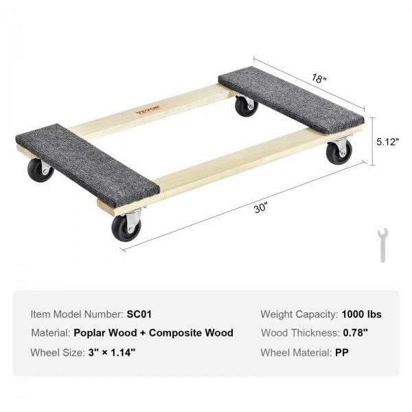 Furniture Dolly, 1000 lbs Load Capacity, 18″ x 30″, 4 x 3″ PP Swivel Casters, Heavy Duty Hardwood Furniture Moving Dolly, Mover’s Dolly, Moving Cart with Wheels for Heavy Furniture Home Cleaning  |   Dollies & Movers Dollies & Movers Dollies & Movers