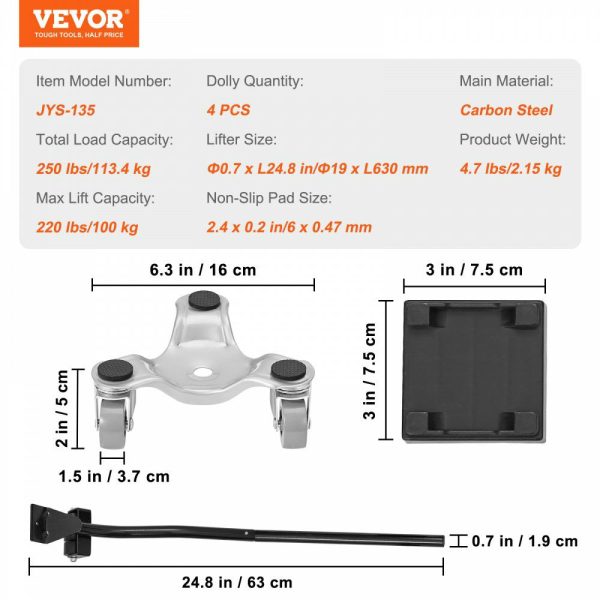 Furniture Dolly, 4 Pack 6-Inch Steel Tri-Dolly with 360° PP Swivel Wheels and Non-Slip Cap, 3 Wheels Furniture Lift Mover Tool Set for Moving Heavy Furniture Refrigerator Sofa, 250Lbs Capacity  |   Dollies & Movers Dollies & Movers Dollies & Movers