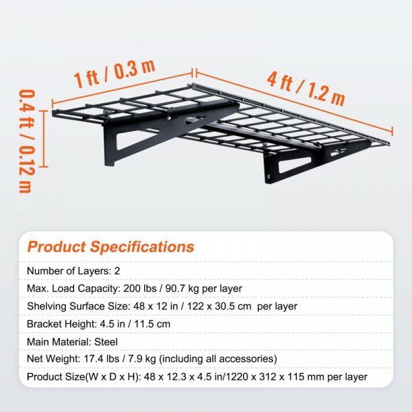 Garage Storage Shelving, 2 Pack, 4 x 1 ft Heavy Duty Garage Shelves Wall Mounted, 400 lbs Load Capacity(Total) Garage Storage Rack Floating Shelves, Suitable for Shop, Shed, Garage Storage  |   Shelving & Storage Material Handling Shelving & Storage