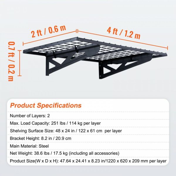 Garage Storage Shelving, 2 Pack, 4 x 2 ft Heavy Duty Garage Shelves Wall Mounted, 502 lbs Load Capacity(Total) Garage Storage Rack Floating Shelves, Suitable for Shop, Shed, Garage Storage  |   Shelving & Storage Material Handling Shelving & Storage