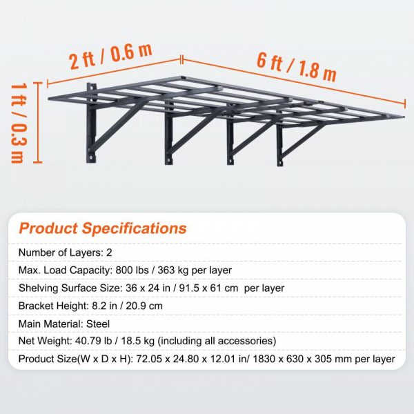 Garage Storage Shelving, 2 Pack, 6 x 2 ft Heavy Duty Garage Shelves Wall Mounted, 1600 lbs Load Capacity(Total) Garage Storage Rack Floating Shelves, Suitable for Shop, Shed, Garage Storage  |   Shelving & Storage Material Handling Shelving & Storage