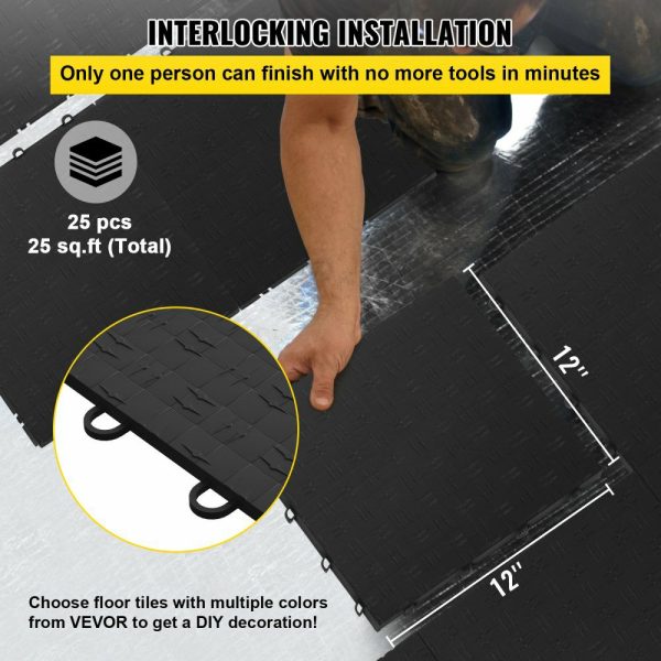 Garage Tiles Interlocking, 12” x 12”, 25 pcs, Black Garage Floor Covering Tiles, Non-Slip Diamond Plate Garage Flooring Tiles, Support up to 55,000 lbs for Basements, Gyms, Repair Shops Black |   Garage Flooring Mat Building & Construction Black