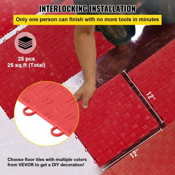 Garage Tiles Interlocking, 12” x 12”, 25 pcs, Red Garage Floor Covering Tiles, Non-Slip Diamond Plate Garage Flooring Tiles, Support up to 55,000 lbs for Basements, Gyms, Repair Shops Red |   Garage Flooring Mat Building & Construction Building Supplies