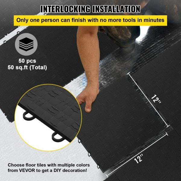 Garage Tiles Interlocking, 12” x 12”, 50 pcs, Black Garage Floor Covering Tiles, Non-Slip Diamond Plate Garage Flooring Tiles, Support up to 55,000 lbs for Basements, Gyms, Repair Shops Black |   Garage Flooring Mat Building & Construction Black