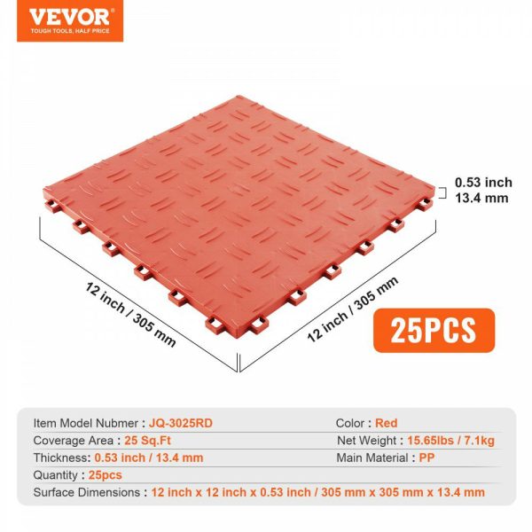 Garage Tiles Interlocking, 12 x 12 x 0.53 inch 25 Pack Garage Floor Covering Tiles, Non-Slip Double-Sided Texture Garage Flooring Tiles, for Garages, Basements, Repair Shops, Red Red |   Building Supplies Building & Construction Building Supplies