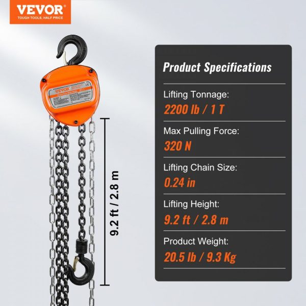 Hand Chain Hoist, 1 Ton 2200 lbs Capacity 10 FT Come Along, G80 Galvanized Carbon Steel with Double-Pawl Brake, Auto Chain Leading & 360° Rotation Hook, for Garage Factory Dock  |   Hoists & Winches & Rigging Hoists & Winches & Rigging Hoists & Winches & Rigging