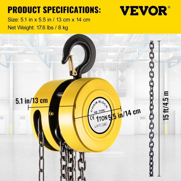 Hand Chain Hoist, 2200 lbs /1 Ton Capacity Chain Block, 15ft/4.5m Lift Manual Hand Chain Block, Manual Hoist w/Industrial-Grade Steel Construction for Lifting Good in Transport & Workshop, Yell  |   Hoists & Winches & Rigging Hoists & Winches & Rigging Hoists & Winches & Rigging