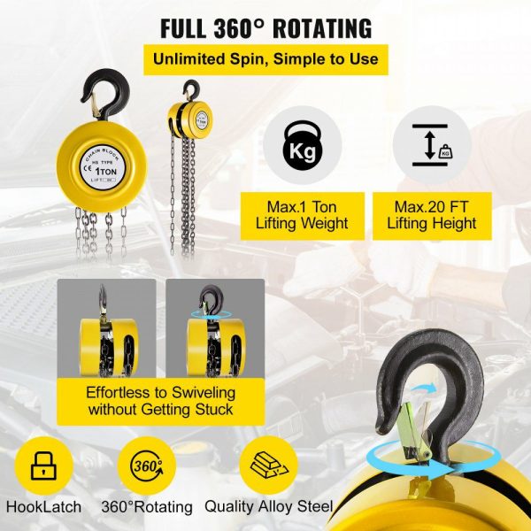 Hand Chain Hoist, 2200 lbs /1 Ton Capacity Chain Block, 20ft/6m Lift Manual Hand Chain Block, Manual Hoist w/Industrial-Grade Steel Construction for Lifting Good in Transport & Workshop, Yellow  |   Hoists & Winches & Rigging Hoists & Winches & Rigging Hoists & Winches & Rigging