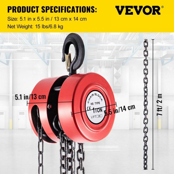 Hand Chain Hoist, 2200 lbs /1 Ton Capacity Chain Block, 7ft/2m Lift Manual Hand Chain Block, Manual Hoist w/ Industrial-Grade Steel Construction for Lifting Good in Transport & Workshop, Red  |   Hoists & Winches & Rigging Hoists & Winches & Rigging Hoists & Winches & Rigging