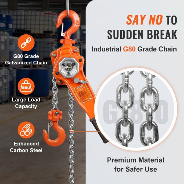 Hand-Operated Chain Lift, 1650 lbs Load, 5ft Length, G80 Zinc-Coated Steel, Dual-Pawl Brake System, Automatic Chain Guide & Swivel Hook, Ideal for Workshops, Warehouses, and Loading Docks  |   Hoists & Winches & Rigging Hoists & Winches & Rigging Hoists & Winches & Rigging