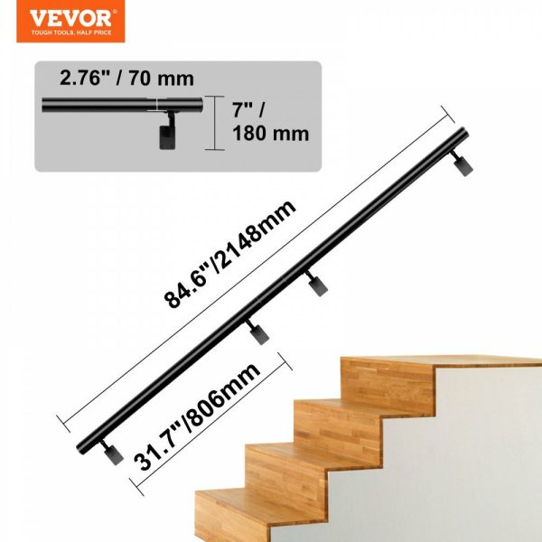 Handrail Stair Railing, 7 ft, Wall Mount Handrails for Indoor Stairs, Thickened Aluminum Alloy Hand Rail with Installation Kit, 440 LBS Load Capacity Stairway Railing for Outdoor Stairs  |   Building Supplies Building & Construction Building Supplies