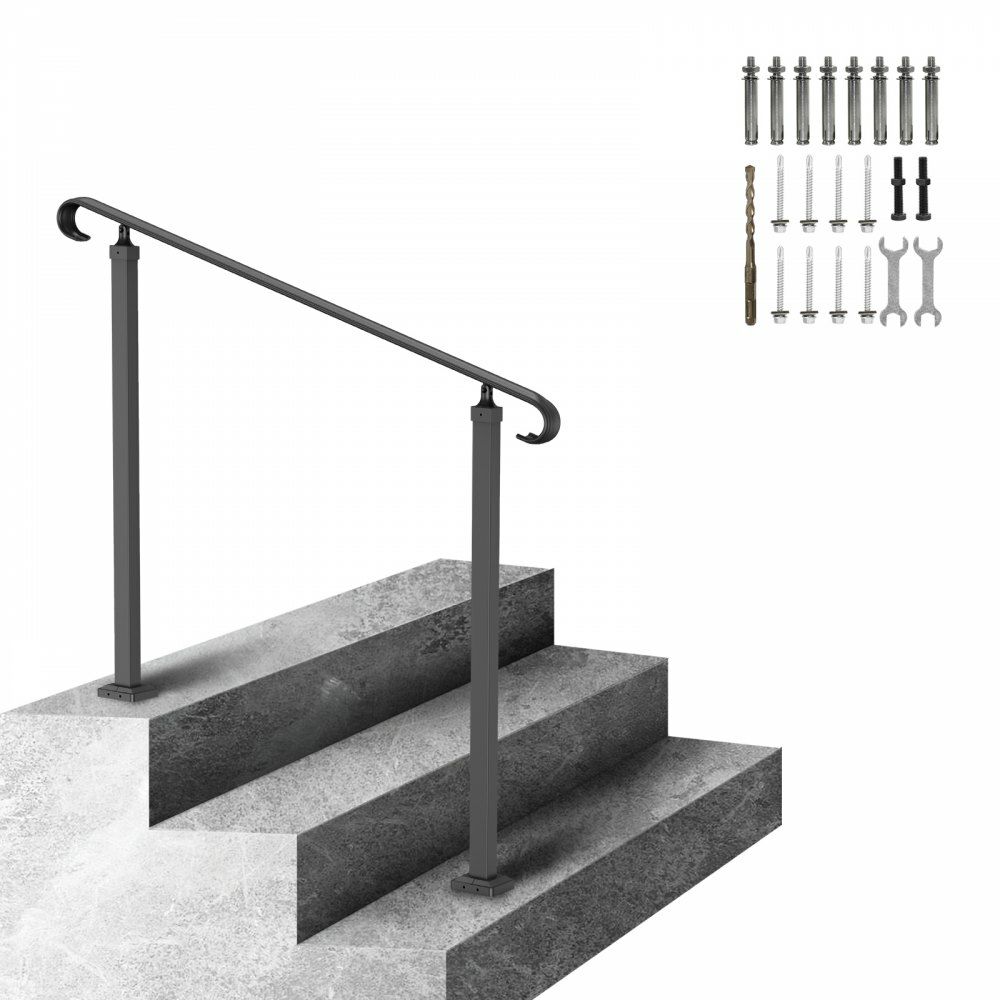 Handrails for Outdoor Steps, Fit 1-3 Steps Wrought Iron Handrail, Outdoor Stair Railing, Adjustable Front Porch Hand Rail, Black Transitional Hand railings for Concrete Steps or Wooden Stairs  |   Stair Handrail Building & Construction Building Supplies