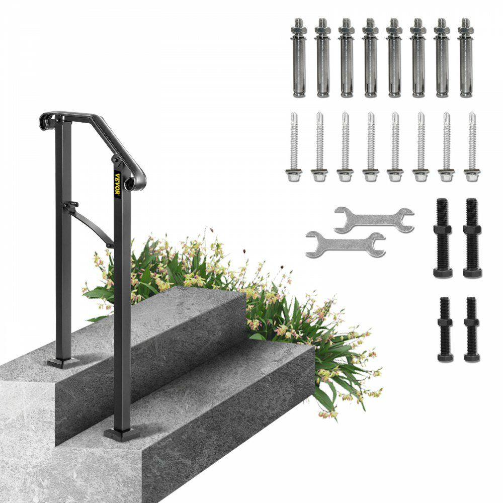 Handrails for Outdoor Steps, Fit 1 or 2 Steps Outdoor Stair Railing, Arch#1 Wrought Iron Handrail, Flexible Porch Railing, Black Transitional Handrails for Concrete Steps or Wooden Stairs  |   Stair Handrail Building & Construction Building Supplies