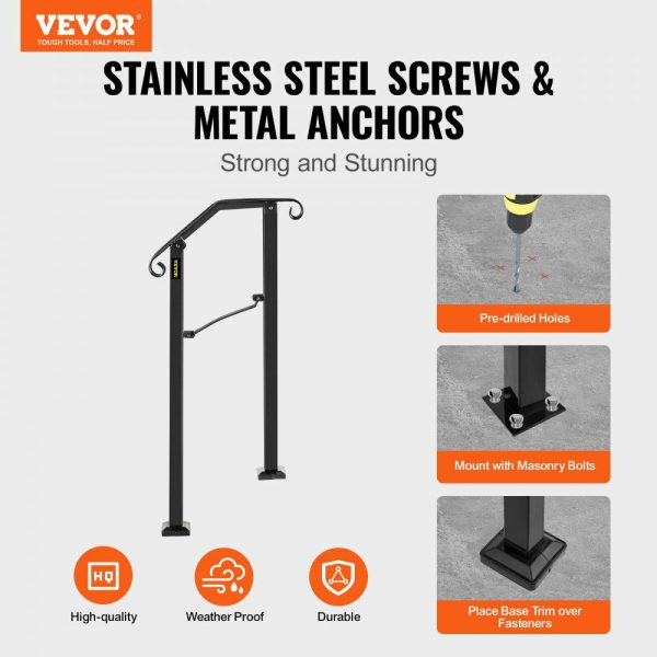 Handrails for Outdoor Steps, Fit 1 or 2 Steps Outdoor Stair Railing, Arch#1 Wrought Iron Handrail, Flexible Porch Railing, Black Transitional Handrails for Concrete Steps or Wooden Stairs  |   Stair Handrail Building & Construction Building Supplies